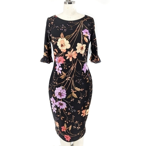 Calvin Klein Floral Bell Sleeve Dress Black Purple 4 preppy wedding party - Picture 1 of 8